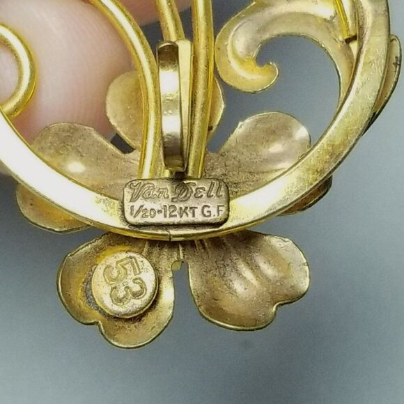 Vintage Van Dell 12k Gold Filled Red Rhinestone Flower Brooch Lapel Pin, Estate - Picture 5 of 8